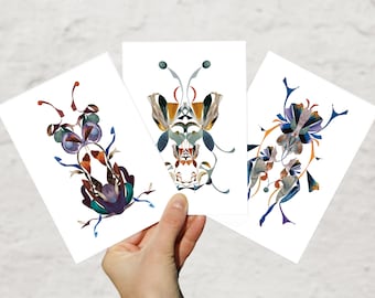 Postcard Set "Sunstriders" · 3 Greeting cards with illustrations of botanical beetles