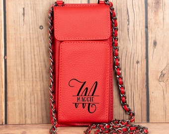 Personalized Leather Wallet, Cell Phone Crossbody Bag, Metal Chain Strap