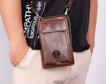 Top Grain Leather Mens Crossbody Bag Medium Size with Phone Compartment, Handbag for Men, Mens Messenger Bag