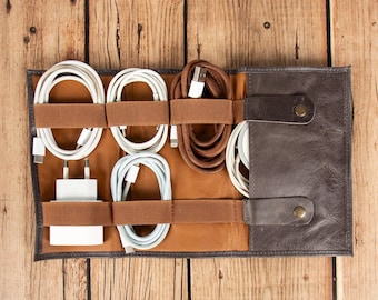 Laser Engraved Leather Cable Organizer: Travel Tech Case