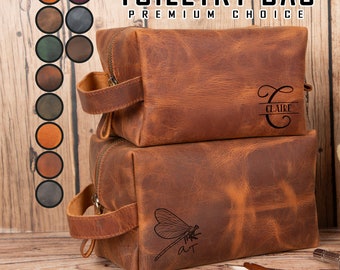Personalized Leather Dopp Kit for Men and Women, Monogram Makeup Bag, Leather Wash Bag, Dopp Kit for Dad