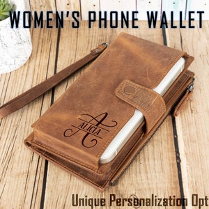 Carteira de celular personalizada para mulheres com alça de pulso, carteira feminina com monograma e suporte para telefone