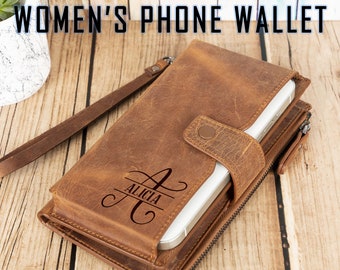 Aangepaste mobiele telefoon portemonnee portemonnee voor dames met polsband, monogram bi-fold damesportemonnee met telefoonhouder
