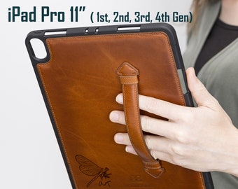 Personalized Top Grain Leather iPad Pro 11 Case with Built-in Pencil Holder and Handle for 1st/2nd/3rd/4th Generation