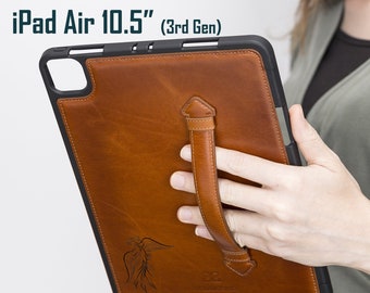 Genuine Leather Handmade Case Protective Cover for Apple iPad Air 10.5" 3rd Generation Handle Strap Built in Grip Pencil Holder Personalized