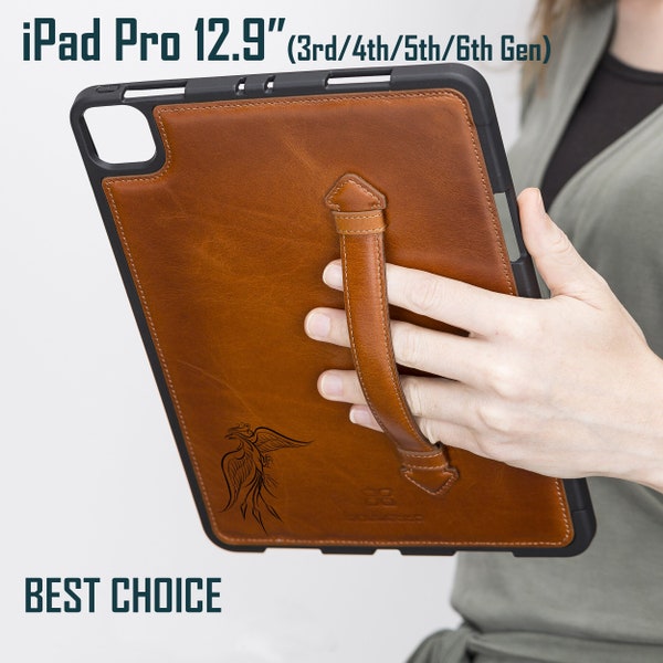 Full Grain Leather Custom Apple iPad Pro 12.9 Case with Pencil Holder and Handle Strap, 3rd 4th 5th 6th Generation iPad Pro Cases