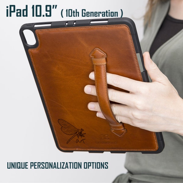 Vollnarbenleder Tasche für Apple iPad 10.9 Zoll 10th Gen mit Stifthalter und Griffschlaufe, Leder Custom iPad 10th Gen Fall