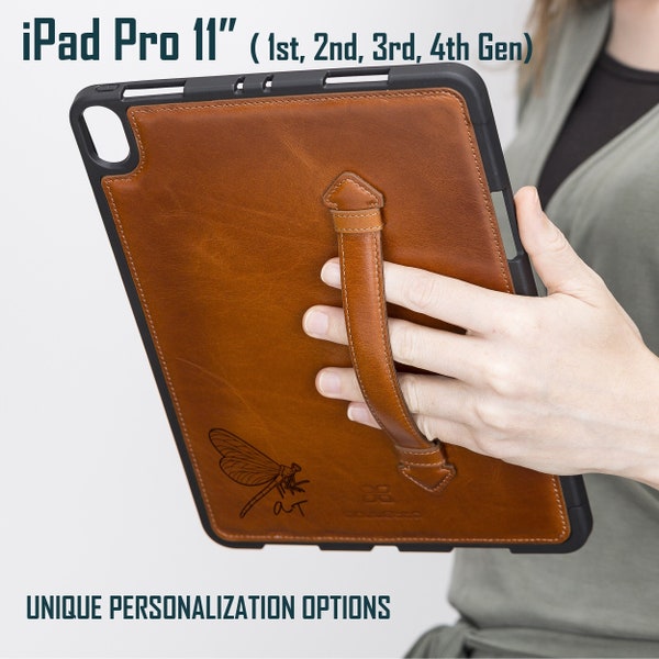 Personalized Top Grain Leather iPad Pro 11 Case with Built-in Pencil Holder and Handle for 1st/2nd/3rd/4th Generation