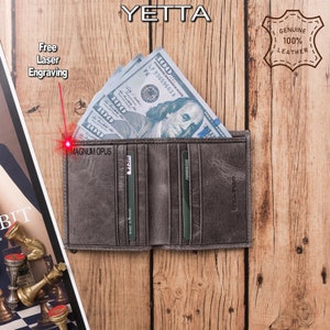 Handmade Genuine Leather Trifold Card Holder Slim Mini Wallet Minimalist Card Holder Custom Wallet Personalisable Gift Card Holder Grey