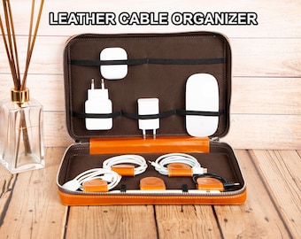 Leather Cable Organizer with Zipper, Travel Cord Storage Case