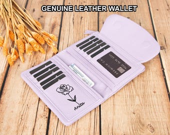 Leather Personalized Purse for Women Long Wallet with ID Window and Zip Pocket