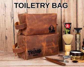 Laser Engraved Leather Travel Kit, Handmade Toiletry Bag, Men's Bathroom Case