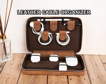 Genuine Leather Cable Organizer Travel Cord Holder Case with Zipper