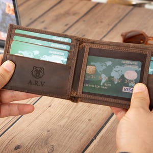 Cartera personalizada de cuero genuino grabado, cartera de cuero personalizada, cartera con monograma, regalo de aniversario para él, hombres, padre, esposo