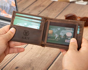 Cartera personalizada de cuero genuino grabado, cartera de cuero personalizada, cartera con monograma, regalo de aniversario para él, hombres, padre, esposo