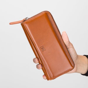 Cartera de mujer de piel auténtica hecha a mano, tipo sobre, larga, con cremallera, bolso de mano, cartera triple, regalo personalizable
