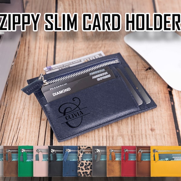 Schlanker Kartenhalter mit Reißverschlussfach | Top Leder Unisex Mini Geldbörse mit 10 Kartenfächern, Reißverschlussfach und Bargeldfach