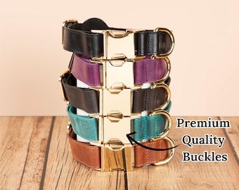 May include: A stack of five pet collars in black, purple, dark brown, teal, and tan, each featuring a shiny gold-tone metal side-release buckle and a D-ring. The text "Premium Quality Buckles" is printed on the right with an arrow pointing.