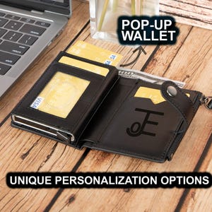 Cartera de piel de grano completo, cartera de piel con solapa emergente, tarjetero con bloqueador RFID, monedero con cremallera, cartera para hombre personalizada y hecha a mano con cremallera