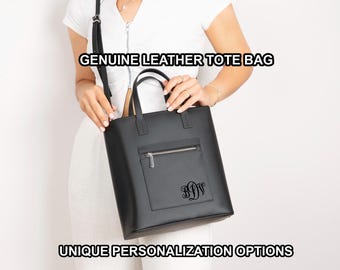 Genuine Leather Tote Bag – Large Structured Handbag with Zipper Pocket