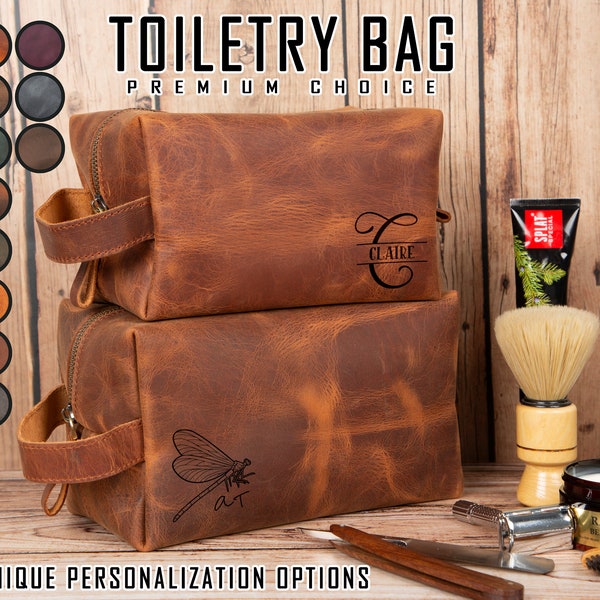 Gepersonaliseerde lederen Dopp Kit voor mannen en vrouwen, Monogram make-up tas, lederen toilettas, Dopp Kit voor papa