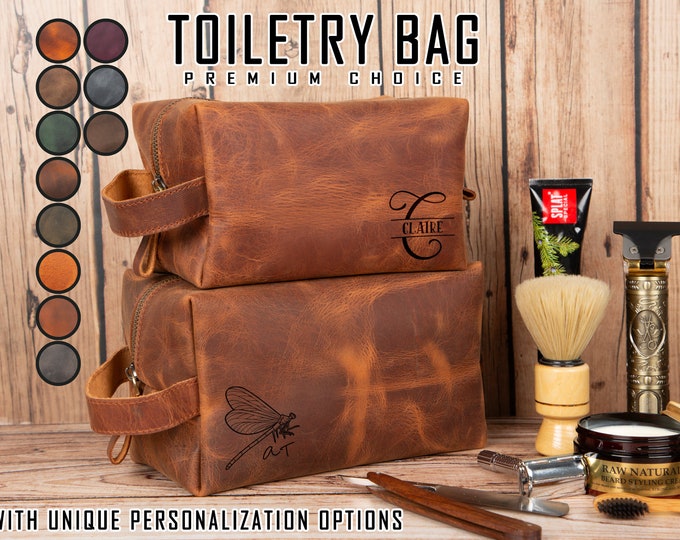 Kit Dopp de cuero personalizado para hombres y mujeres, bolsa de maquillaje monograma, bolsa de lavado de cuero, kit Dopp para papá