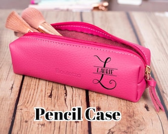 Personalized Leather Pencil Case, Custom Laser Engraved Makeup Bag