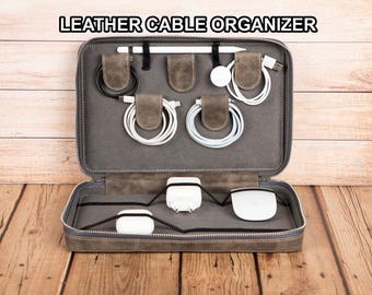 Leather Tech Organizer for Cables, Zipper Travel Electronics Case