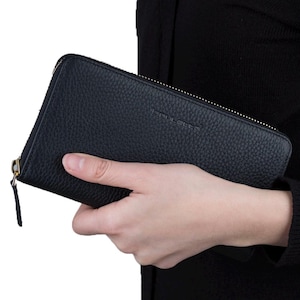 Cartera de mujer de piel auténtica hecha a mano, bolso de mano, tarjetero, cremallera, sobre largo, rectangular, personalizable, color negro