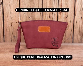 Personalized Makeup Bag, Leather Cosmetic Bag, Handmade Pouch, Zipper Case