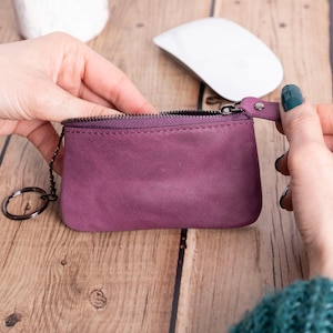 Minibolso de piel auténtica hecho a mano con cremallera, pequeño bolso, minibilletera, monedero fino, regalo personalizado para ella, minitarjetero, cartera de viaje