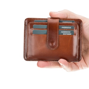 Handmade Echtleder Slim Visitenkartenetui | Mini Geldbörse | Unisex | Bifold Geldbörse | ID Fenster Geldbörse | Personalisierbar | Druckknopf