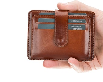 Handgemachte Visitenkartenhalter aus echtem Leder | Mini Portemonnaie | Unisex | Bifold Geldbörse | Fenster Geldbörse | Individualisierbar | Druckknopf