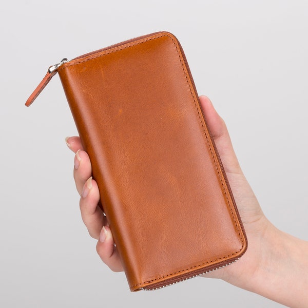 Handmade Genuine Leather Unisex Slim Zipper Phone Wallet Envelope Phone Holder up to 6.8" Custom Long Wallet Card Holder iPhone Wallet Chic