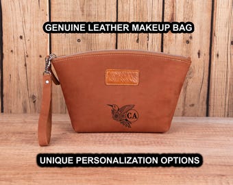 Cosmetic Engraved Leather Bag, Personalized Makeup Pouch, Travel Accessories, Mom Gift