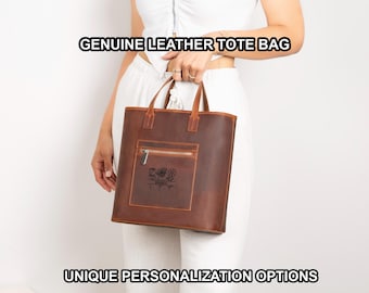 Handmade Leather Tote Bag – Classic Genuine Leather Purse with Zipper