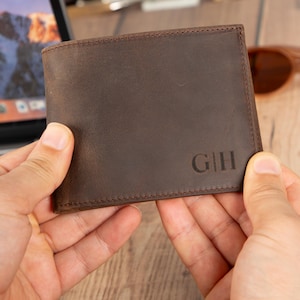 Cartera fina de cuero personalizada, cartera personalizada de cuero genuino grabado, regalo de aniversario para él, esposo, novio, hombres, padre, papá