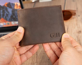 Personalized Leather Slim Wallet, Engraved Genuine Leather Custom Wallet, Anniversary Gift For Him, Husband, Boyfriend, Men, Father, Dad
