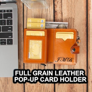 Porte-cartes pop-up en cuir, Portefeuille pour homme en cuir pleine fleur, Porte-cartes avec protection RFID, Portefeuille cadeau pour femme, Porte-cartes de visite, Pochette pour pièces de monnaie