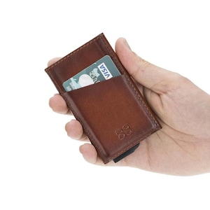 Tarjetero delgado de cuero genuino hecho a mano / Mini billetera / Unisex / Tarjetero mecánico de cuero