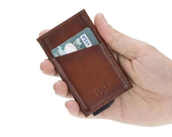 Handmade Leather Mechanical Card Holder: Slim RFID Wallet