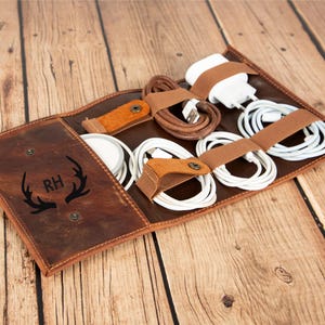 Personalized Leather Cable Organizer | Handmade Tech Travel Roll | Laptop Charger and Electronics Storage Pouch | Gift for Him and Her