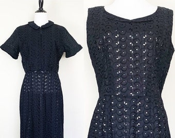 M | Vintage 1950s Cay Artley Black Eyelet Sleeveless Sheath Dress & Cropped Bolero Jacket Two Piece Set, 50s Black Dress, Size Medium