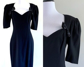 XS/S | Vintage 80s does 50s Black Bombshell Sweetheart Wiggle Dress with Bow Details, Vintage Little Black Dress, Extra Small, Small