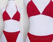 L Vintage Deadstock 1990 39 s Red Crochet High-Cut Triangle Halter Top Bikini, Vintage Crochet Swimsuit Two Piece Bathing Suit Large