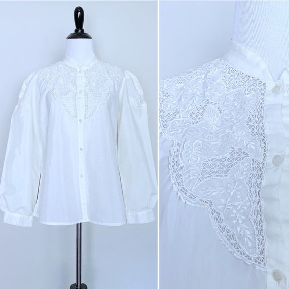 Vintage 1970's Ivory Lace Embroidered Long Sleeve… - image 1
