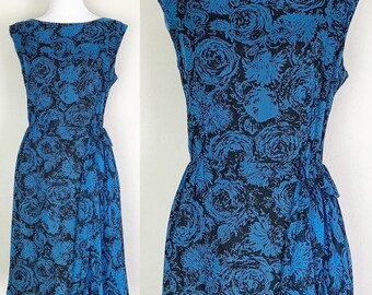 M | Vintage 1950s Leslie Fay Original Black & Blue Ranunculus Floral Print Sleeveless Party Cocktail Dress with Hip Swag Medium