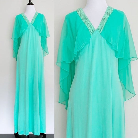 S/M | Vintage 1970's, 70s Mint Green Goddess Gown… - image 1