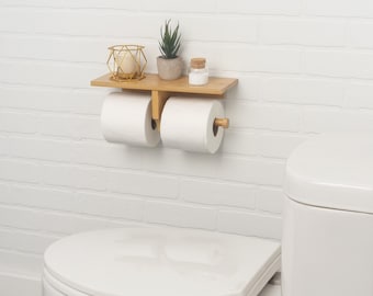 Bamboo Double Roll Toilet Paper Holder with Shelf for Plants, Candles, and other Bathroom Decor