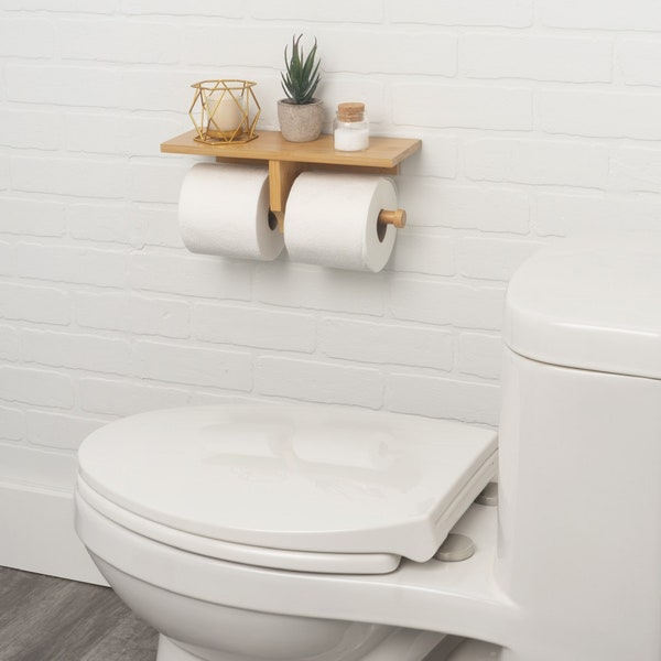 Bamboo Double Roll Toilet Paper Holder with Shelf for Plants, Candles, and other Bathroom Decor
